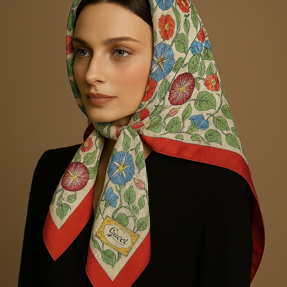 Vintage late 1970s Gucci Fiore di Gloria Mattina” hand rolled edged silk scarf